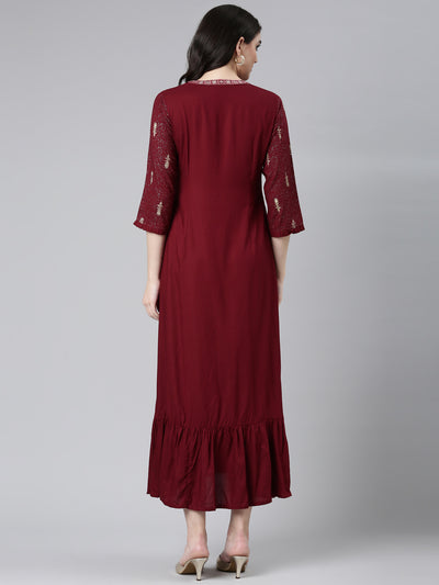 Neeru's Maroon Regular Anarkali Printed Kurta