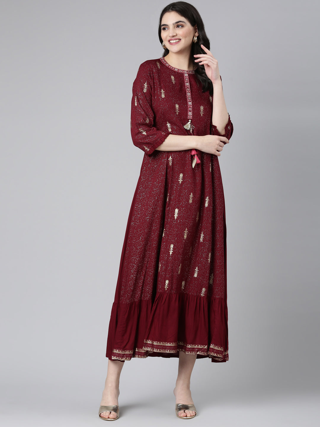 Neeru's Maroon Regular Anarkali Printed Kurta