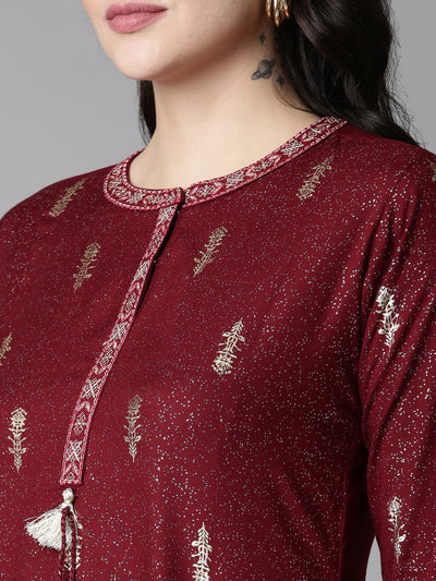 Neeru's Maroon Regular Anarkali Printed Kurta