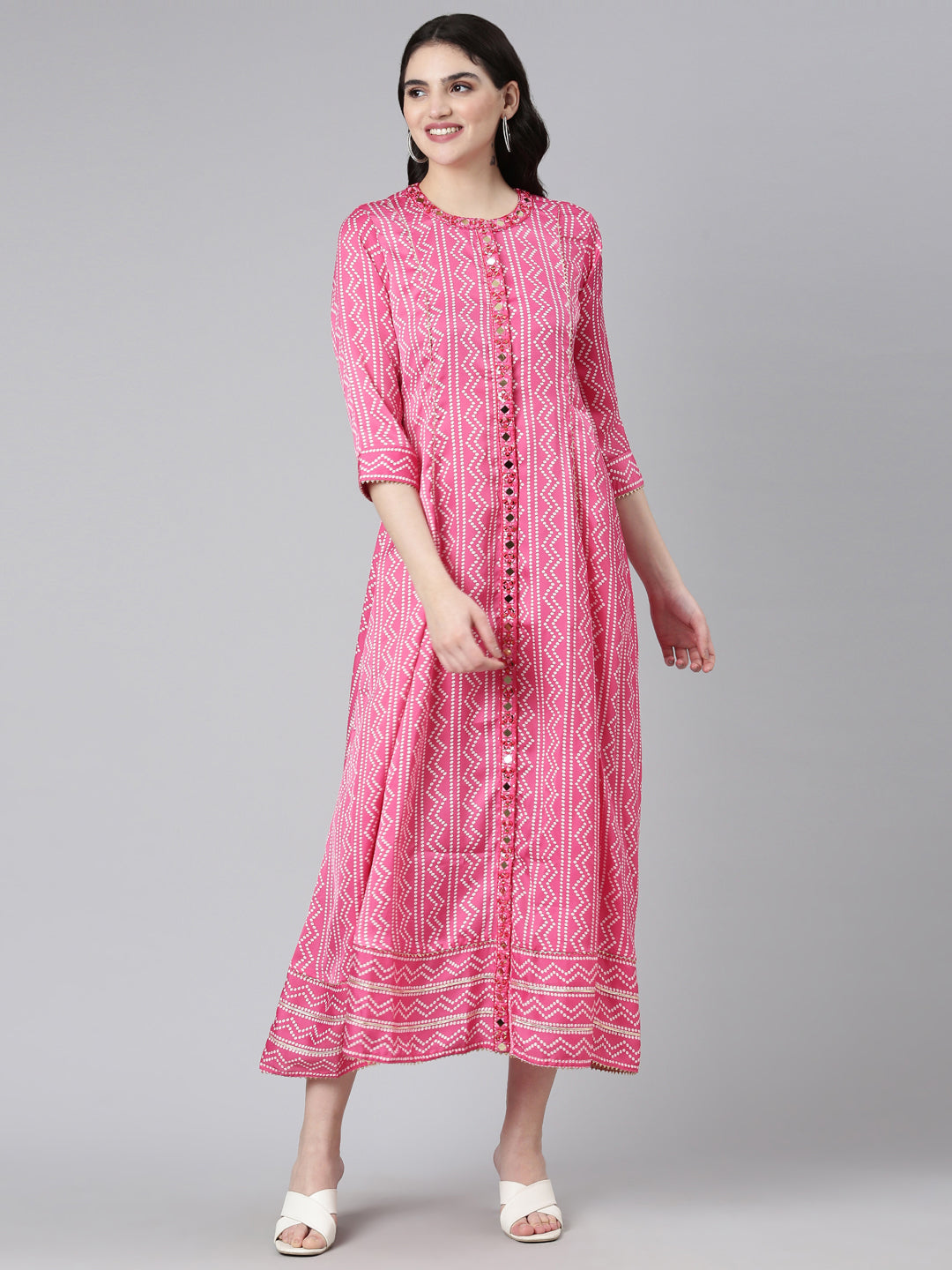 Neeru's Pink Regular Anarkali Printed Kurta