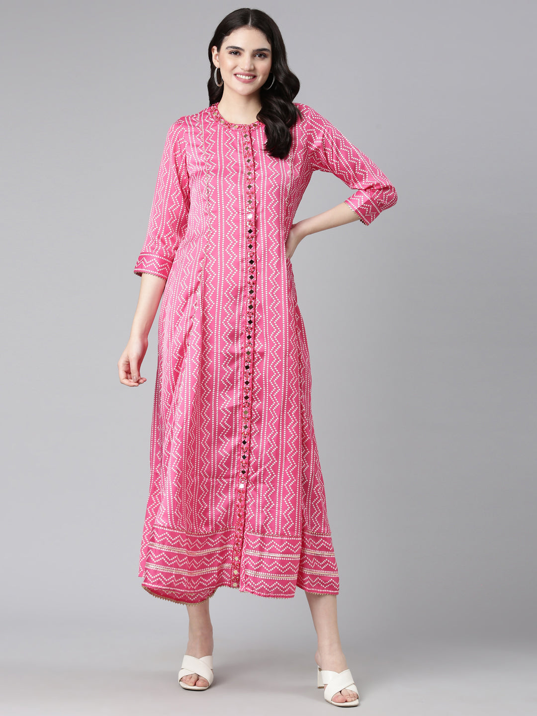 Neeru's Pink Regular Anarkali Printed Kurta