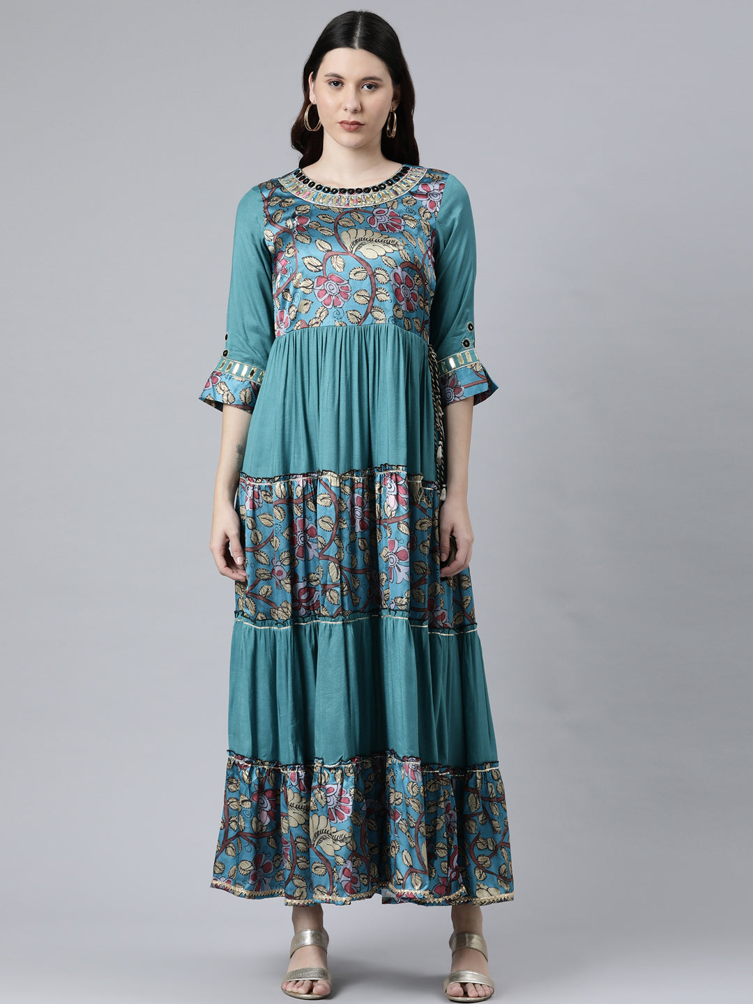 Neeru's Rama Color Satin Slik Fabric Printed Floral Dress