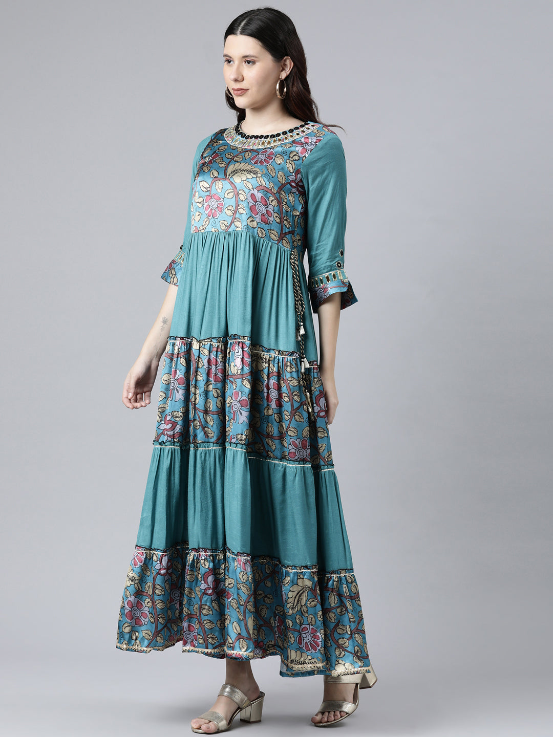 Neeru's Rama Color Satin Slik Fabric Printed Floral Dress