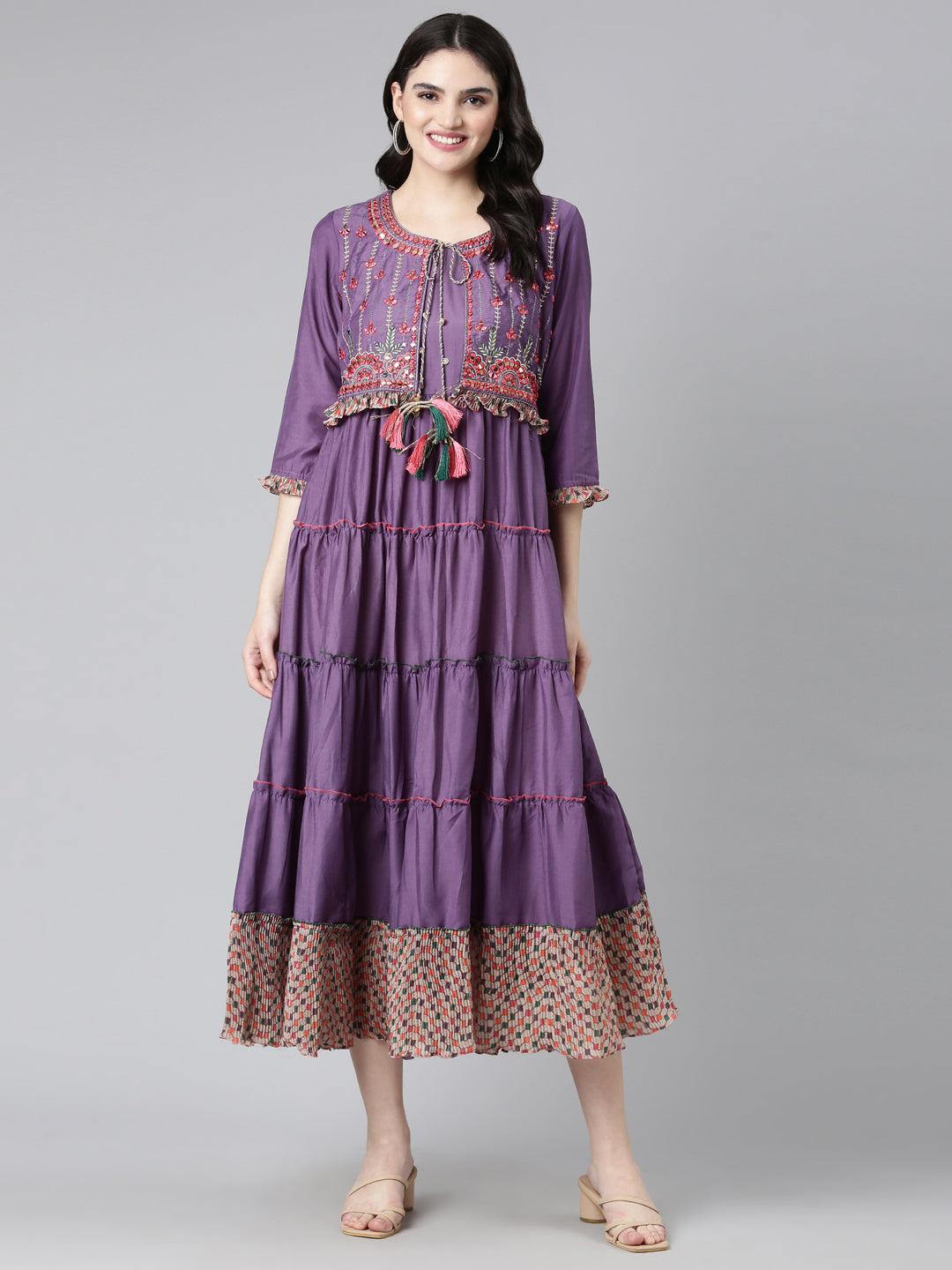 Neeru's Purple Straight Casual Embroidered Dress