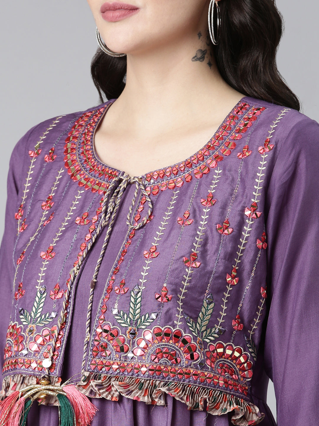 Neeru's Purple Straight Casual Embroidered Dress