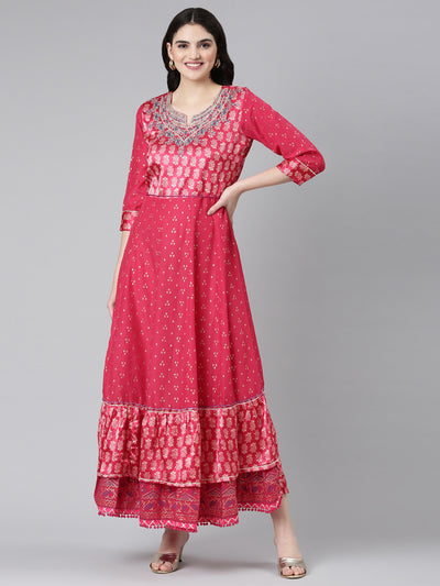 Neeru's Pink Straight Casual Printed Dress