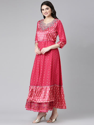 Neeru's Pink Straight Casual Printed Dress