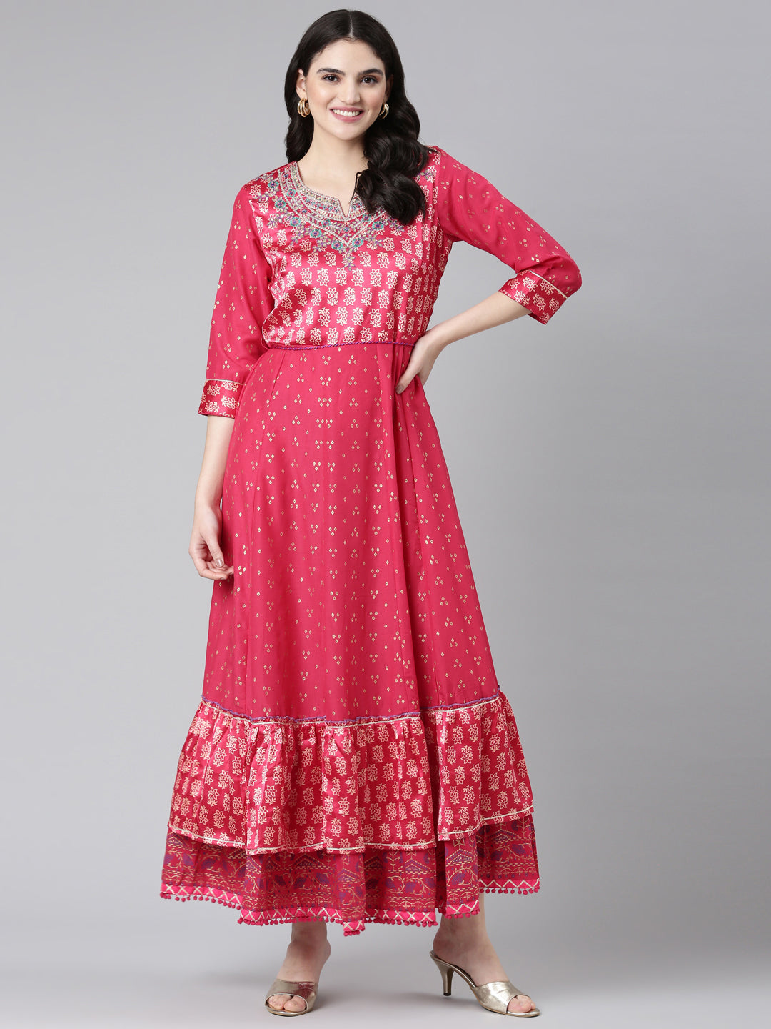 Neeru's Pink Straight Casual Printed Dress