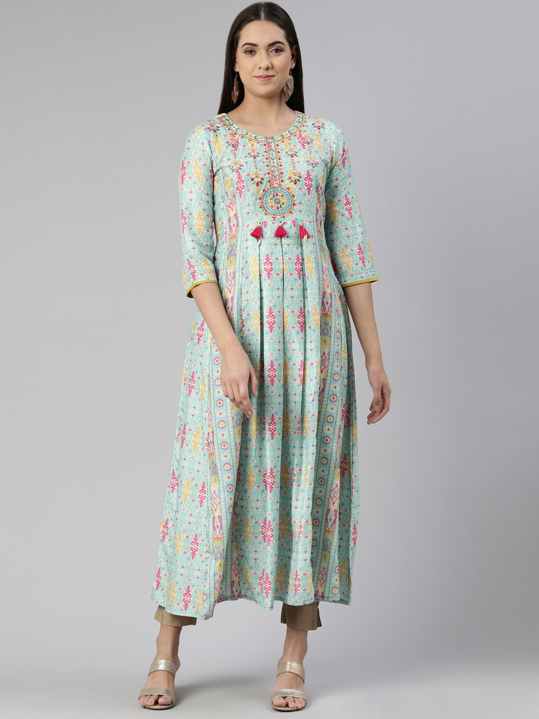 Neeru's Round Neck Floral Printed Ethnic Maxi Cotton Dress