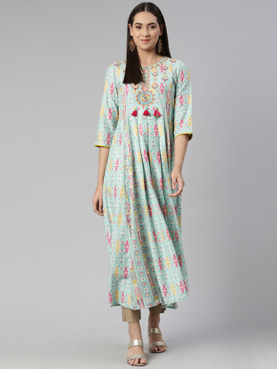 Neeru's Round Neck Floral Printed Ethnic Maxi Cotton Dress