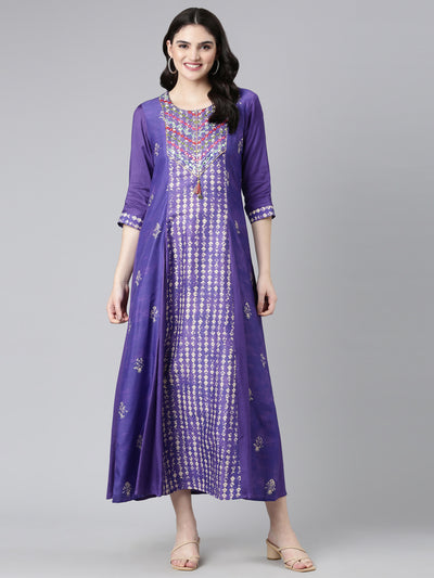 Neeru's Purple Straight Casual Printed Dress