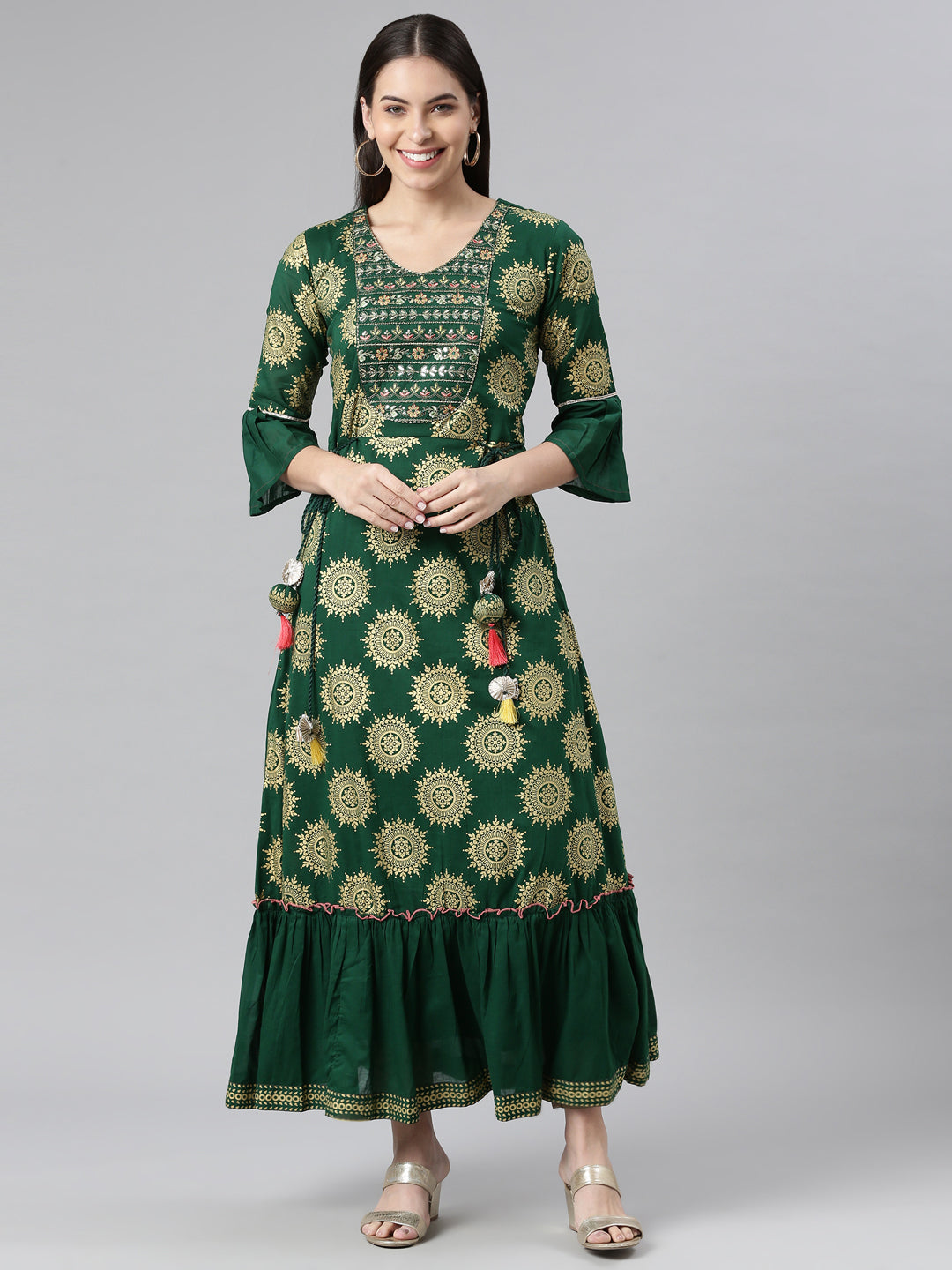 Neeru's Green Color Printed Floral Dress