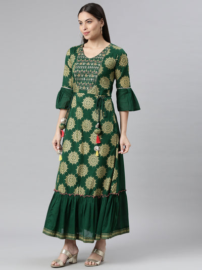 Neeru's Green Color Printed Floral Dress