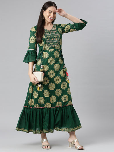 Neeru's Green Color Printed Floral Dress