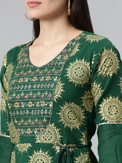 Neeru's Green Color Printed Floral Dress