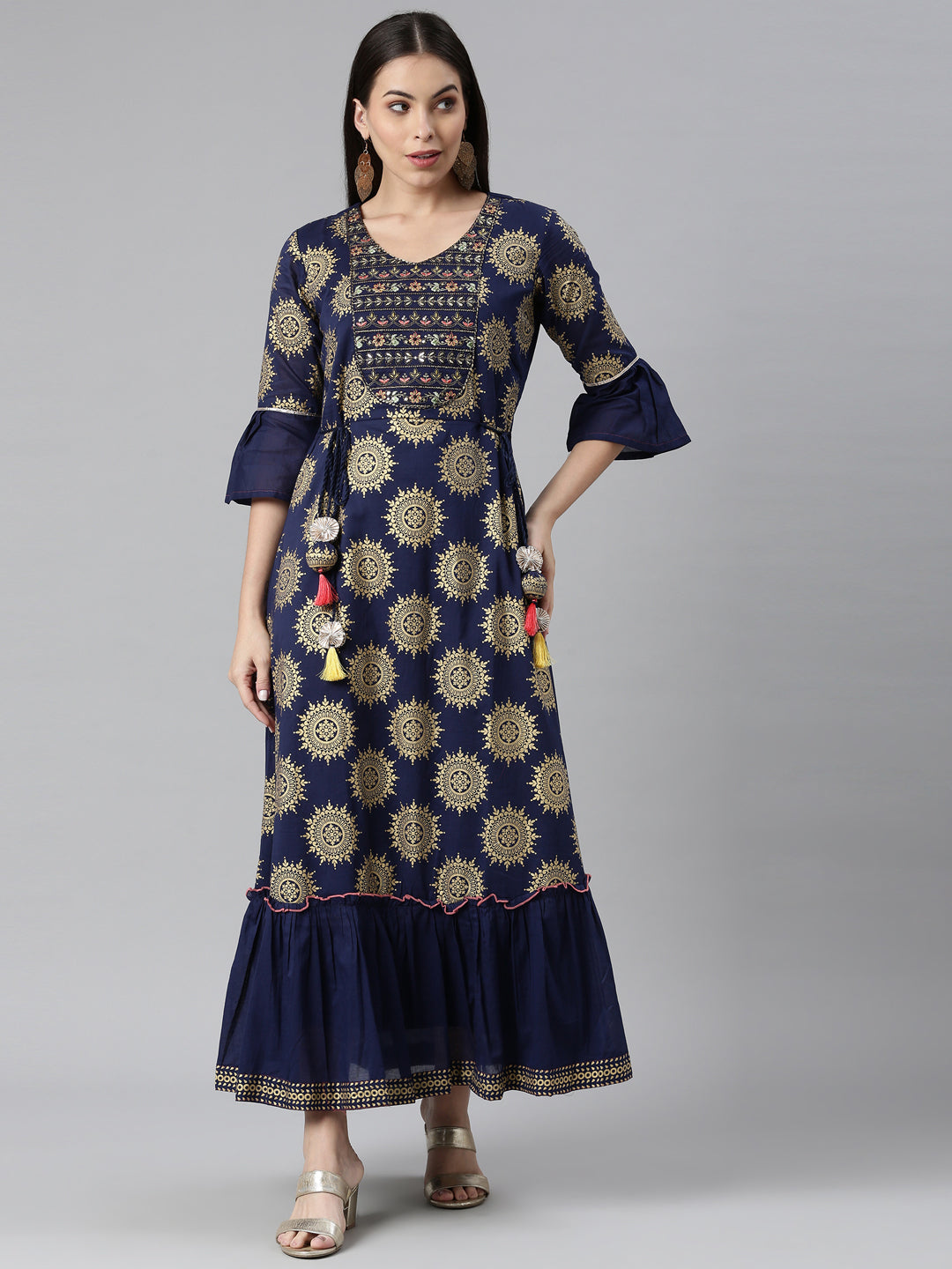 Neerus Women Navy Blue Ethnic Motifs Embellished Flared Sleeves Anarkali Kurta