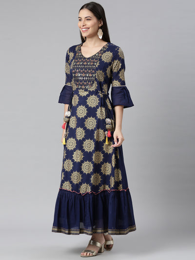 Neerus Women Navy Blue Ethnic Motifs Embellished Flared Sleeves Anarkali Kurta