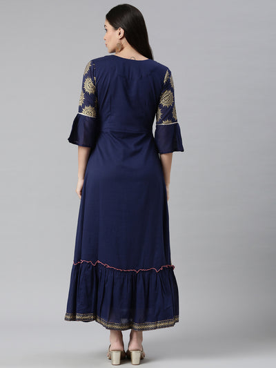 Neerus Women Navy Blue Ethnic Motifs Embellished Flared Sleeves Anarkali Kurta