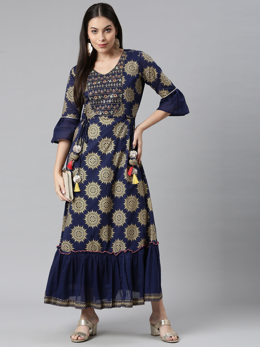 Neerus Women Navy Blue Ethnic Motifs Embellished Flared Sleeves Anarkali Kurta