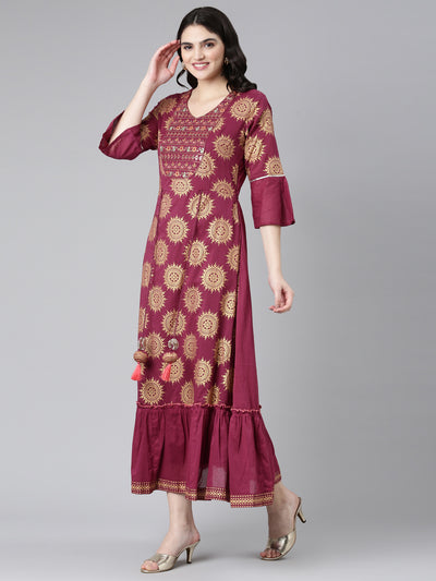 Neeru's Maroon Straight Casual Printed Dress