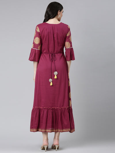 Neeru's Maroon Straight Casual Printed Dress