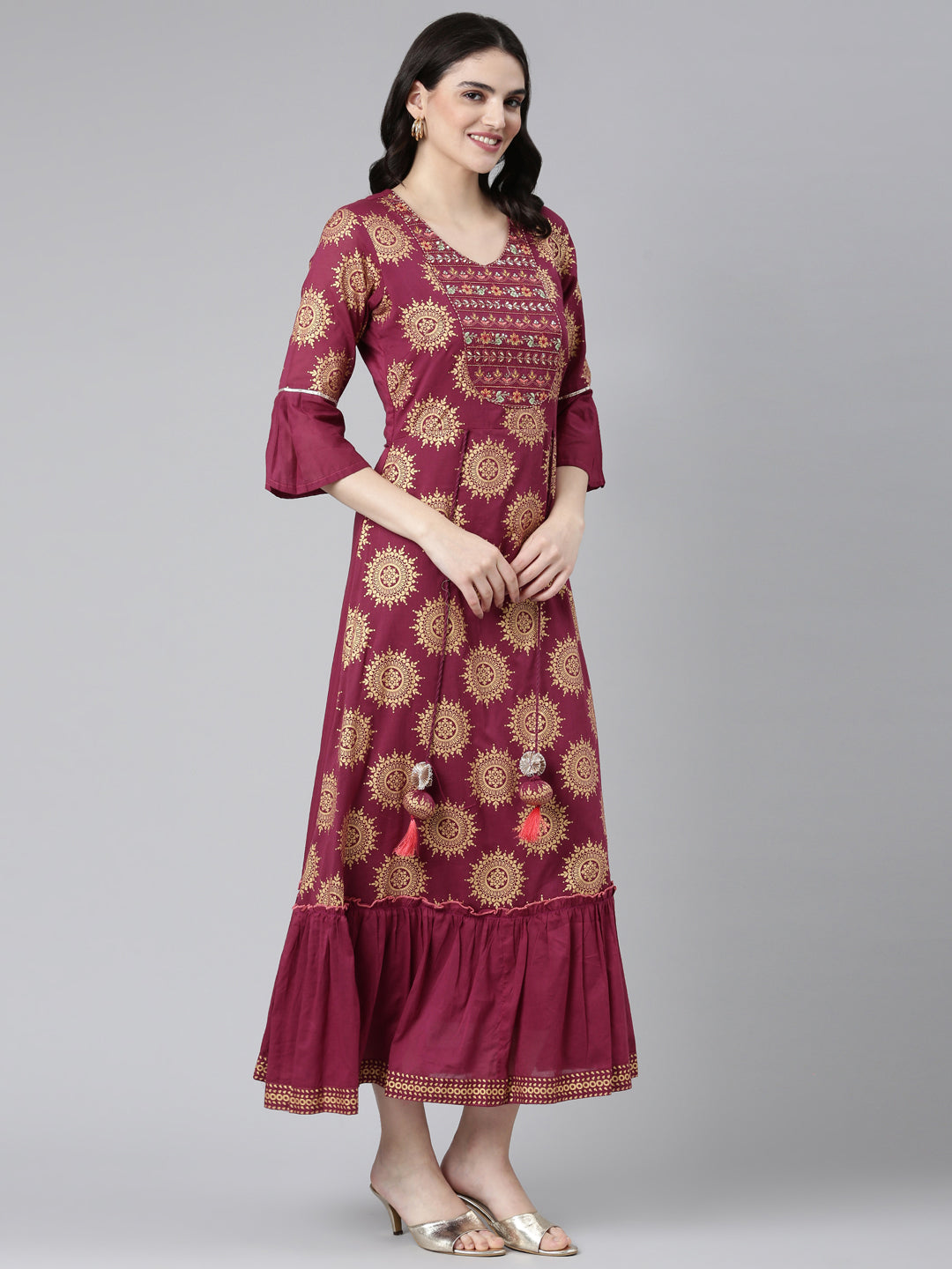 Neeru's Maroon Straight Casual Printed Dress