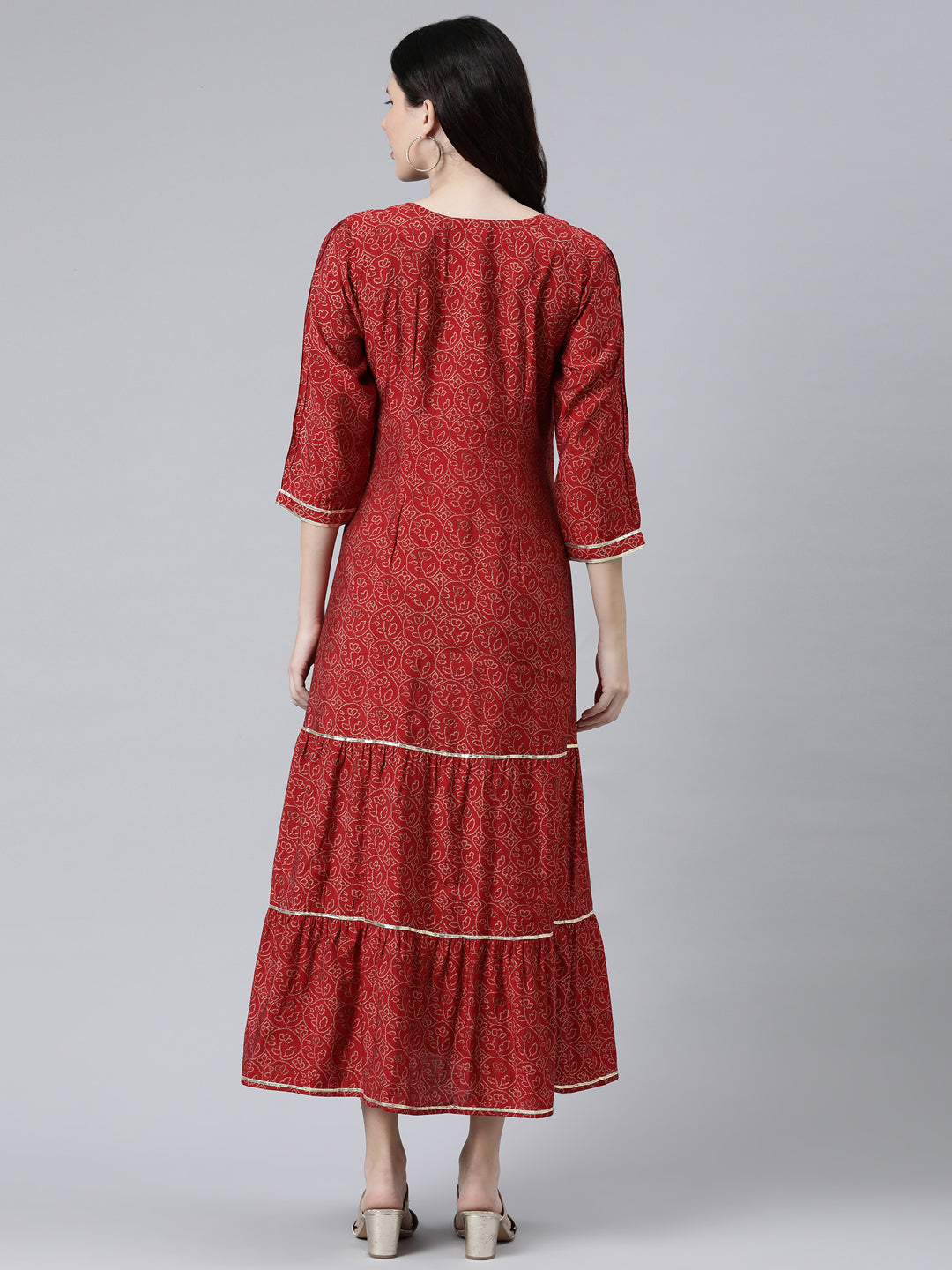 Neeru's Maroon Cotton Ethnic Motifs Embroidered Ethnic A-Line Maxi Dress