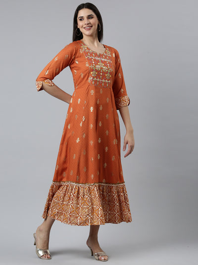 Neeru's Rust Straight Casual Embroidered Dress