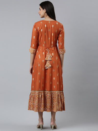 Neeru's Rust Straight Casual Embroidered Dress