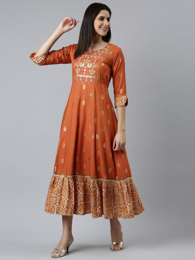 Neeru's Rust Straight Casual Embroidered Dress