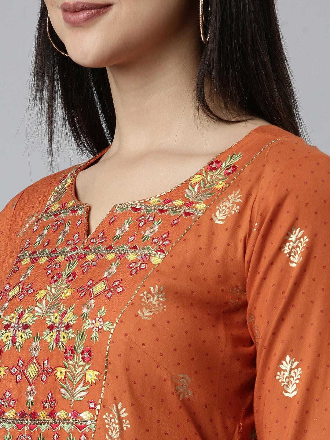 Neeru's Rust Straight Casual Embroidered Dress