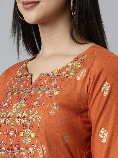 Neeru's Rust Straight Casual Embroidered Dress