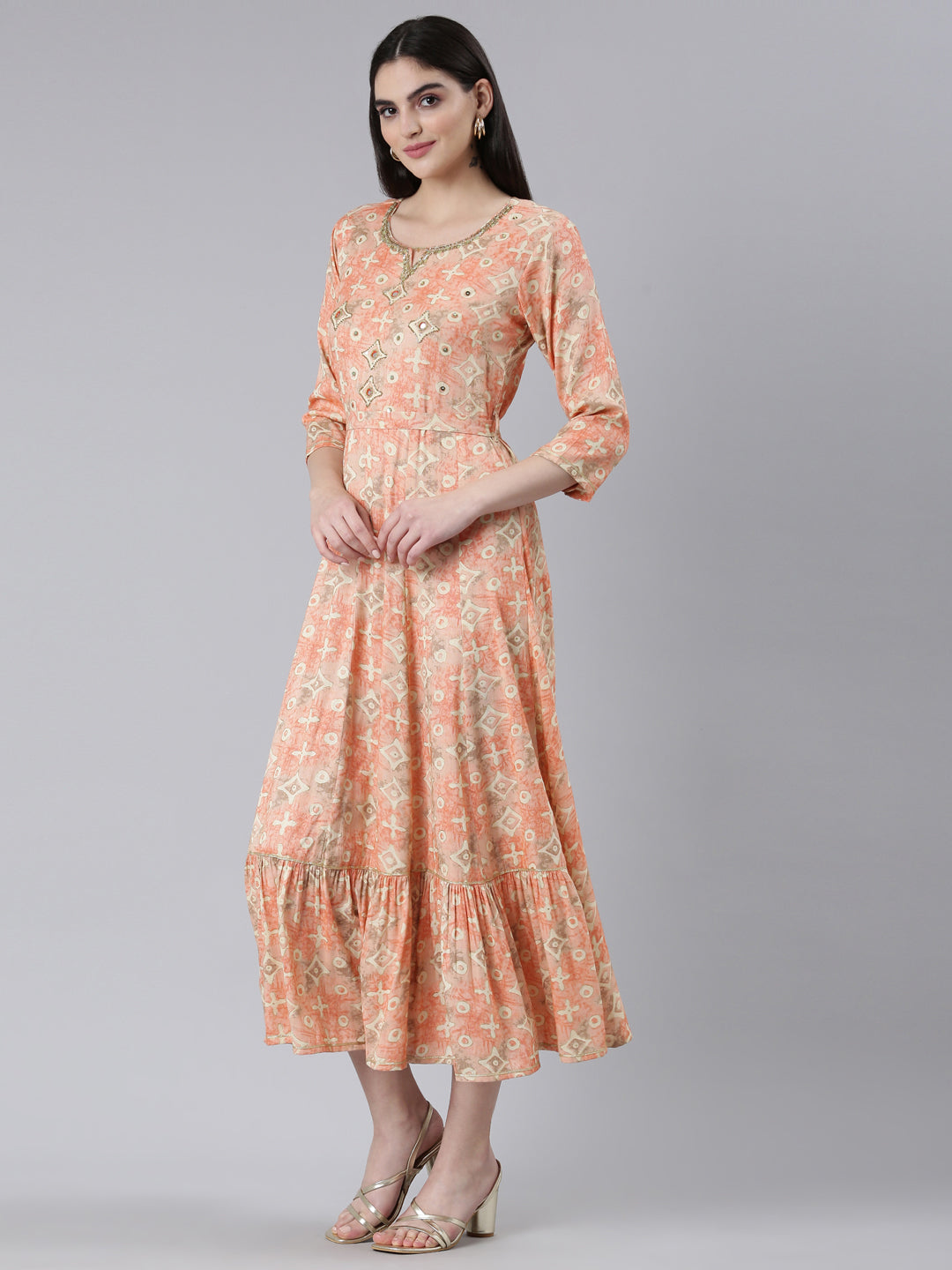 Neeru's Orange Straight Casual Printed Dress