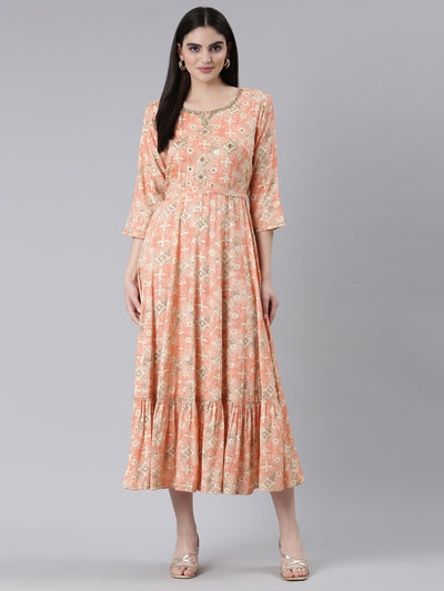 Neeru's Orange Straight Casual Printed Dress