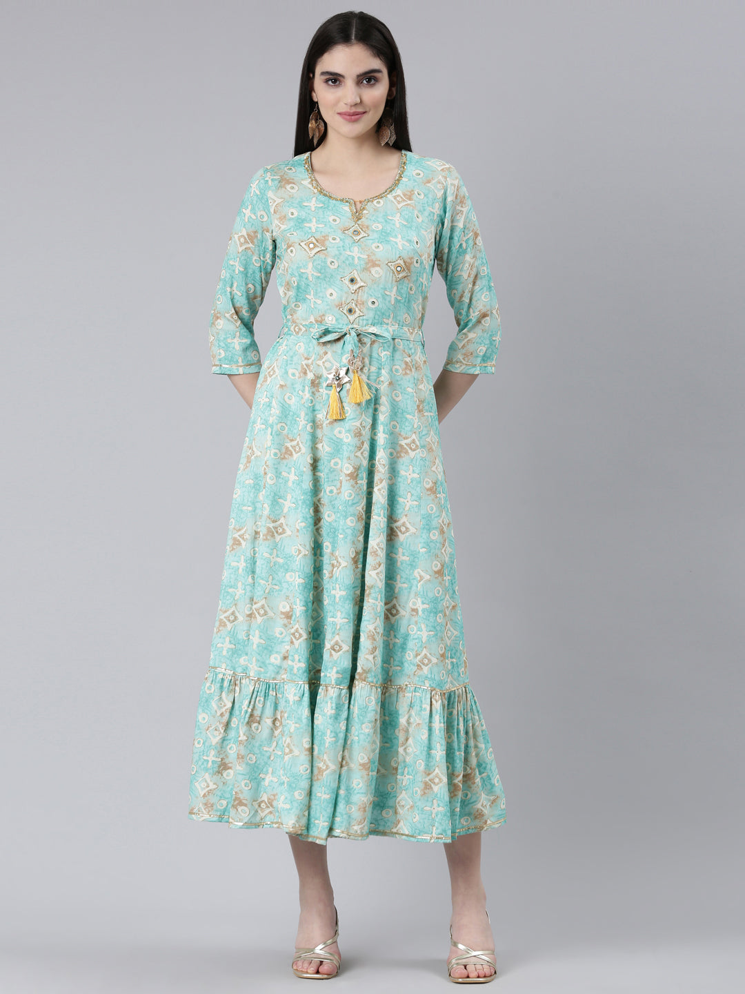 Neeru's Sea Green Straight Casual Printed Dress