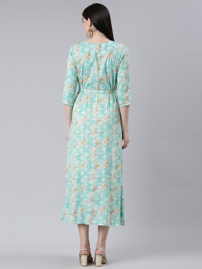 Neeru's Sea Green Straight Casual Printed Dress