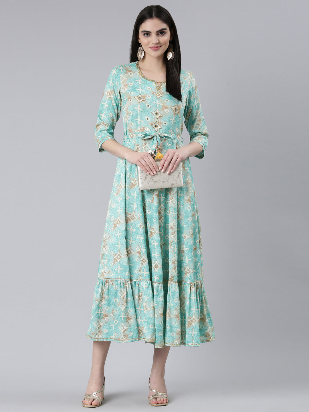 Neeru's Sea Green Straight Casual Printed Dress