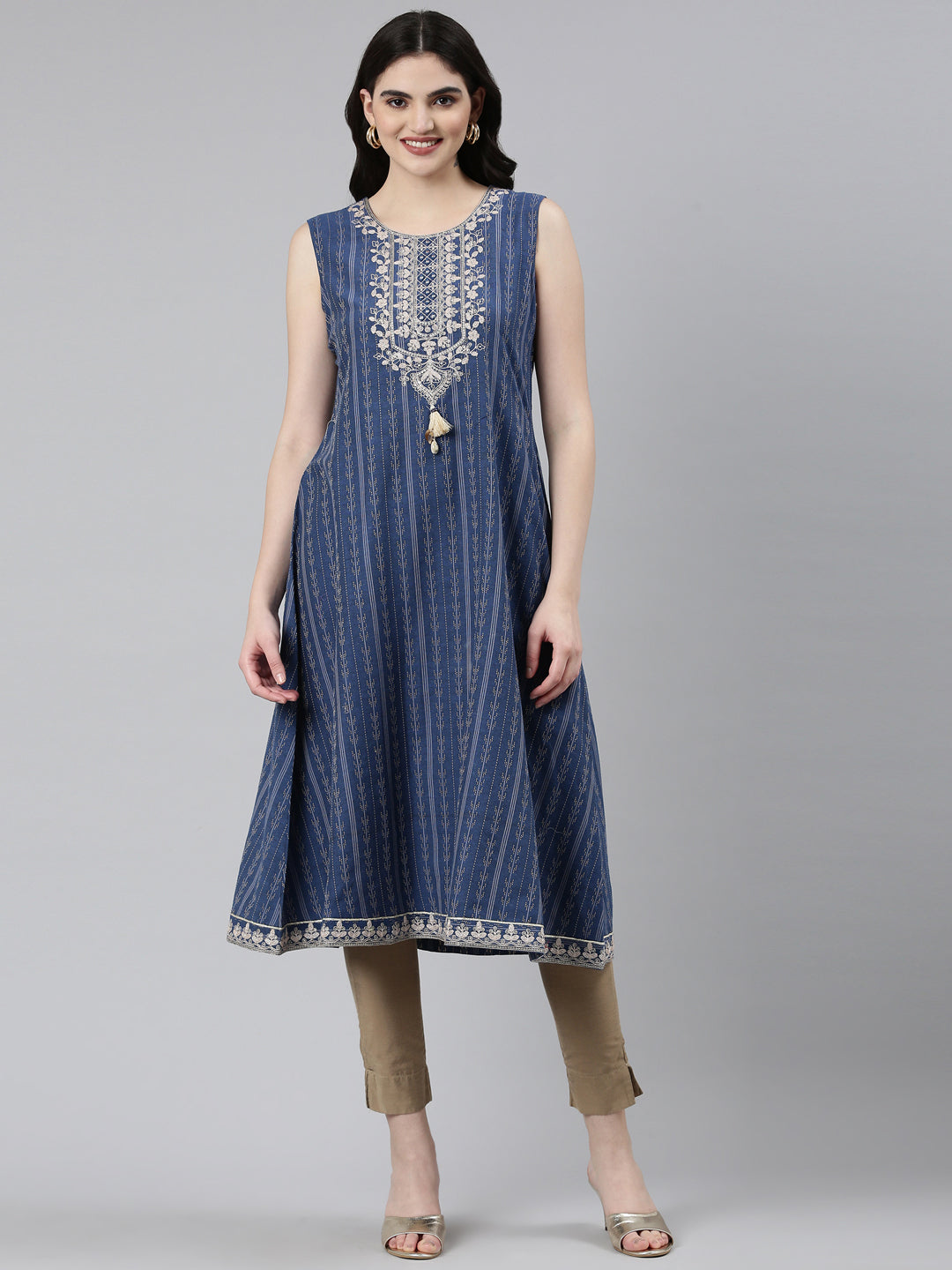 Neeru's Blue Regular Anarkali Printed Kurta