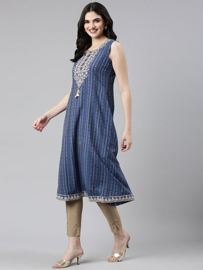 Neeru's Blue Regular Anarkali Printed Kurta