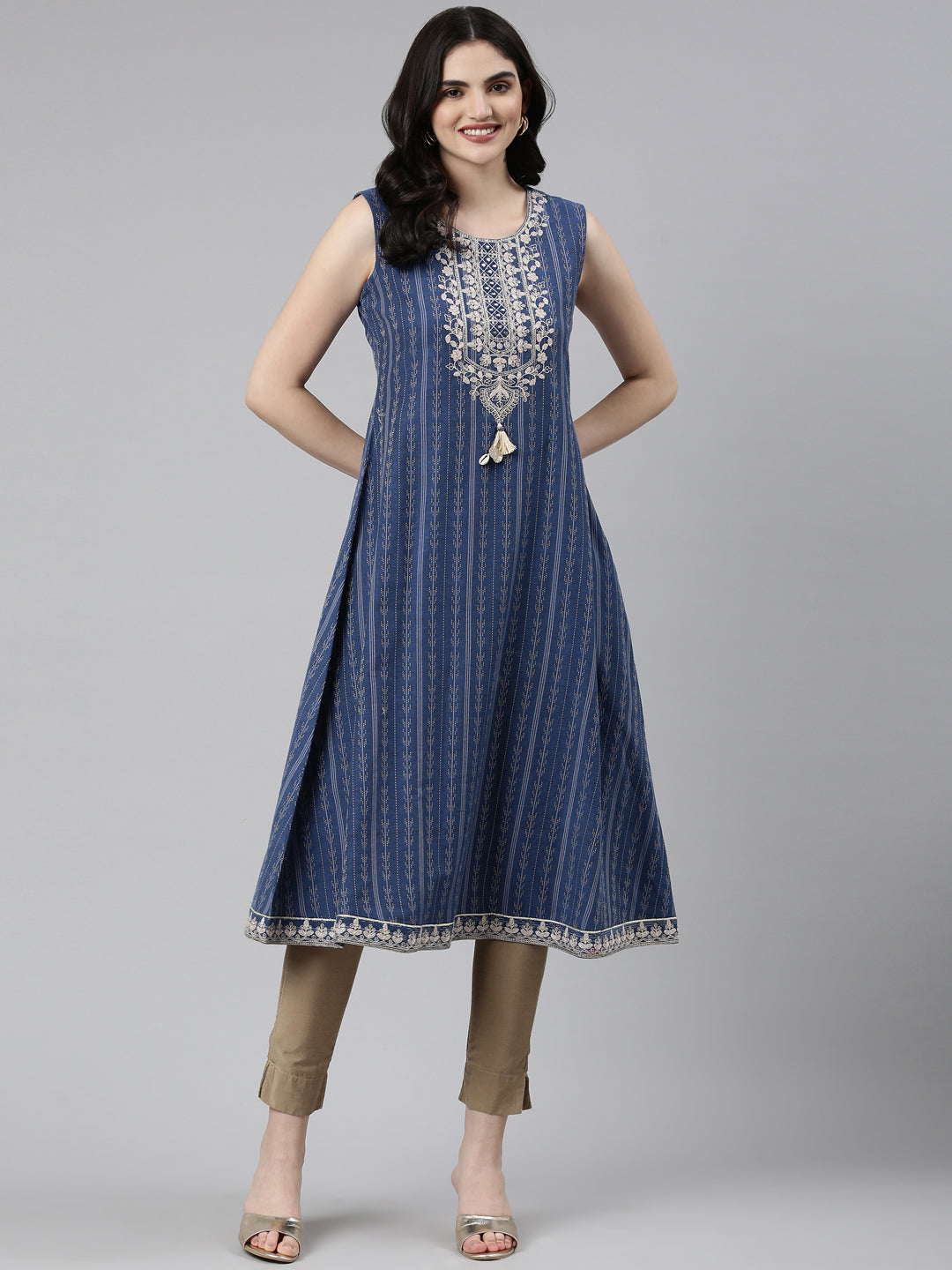 Neeru's Blue Regular Anarkali Printed Kurta