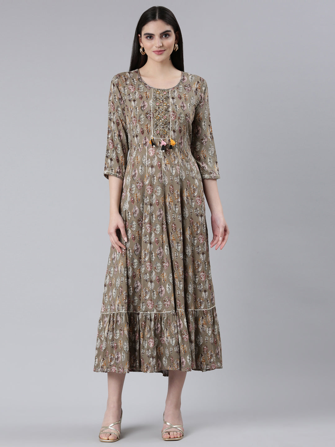 Neeru's Brown Straight Casual Printed Dress