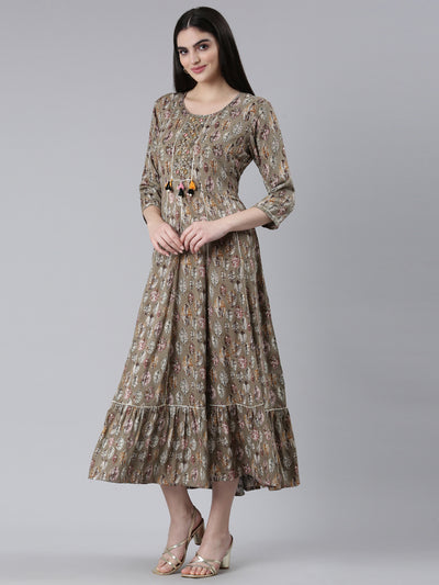 Neeru's Brown Straight Casual Printed Dress