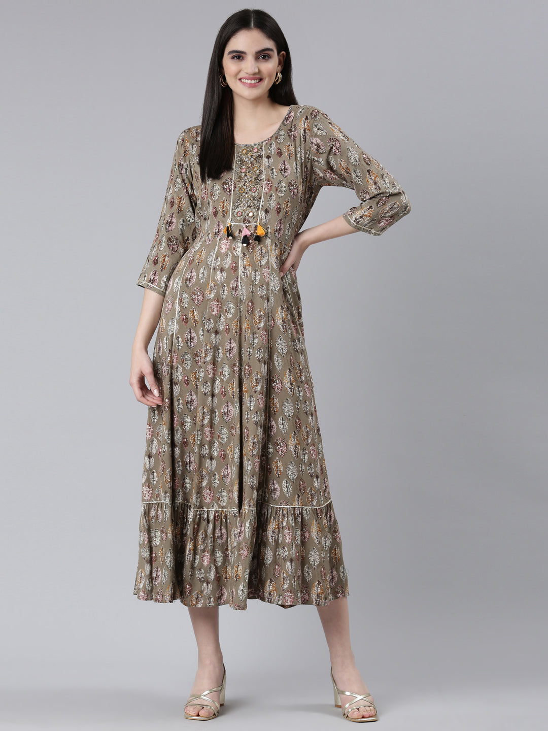 Neeru's Brown Straight Casual Printed Dress