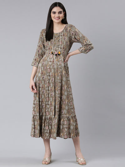 Neeru's Brown Straight Casual Printed Dress