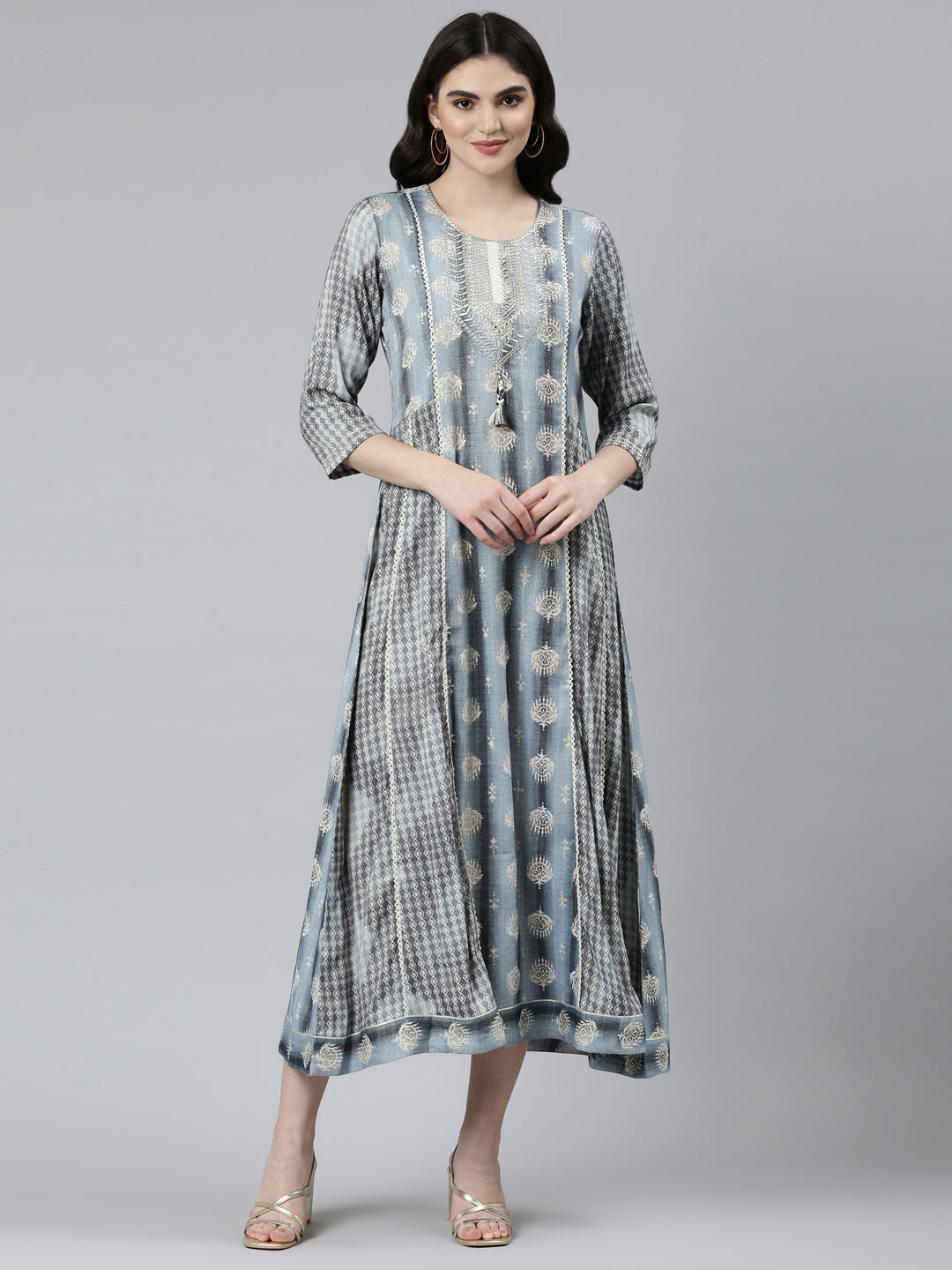 Neeru's Grey Straight Casual Printed Dress