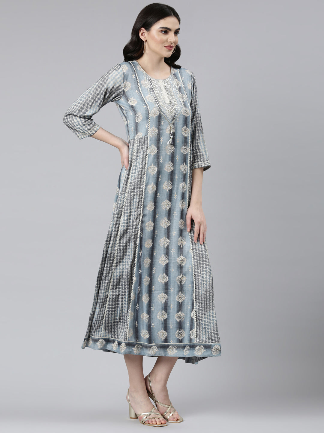 Neeru's Grey Straight Casual Printed Dress