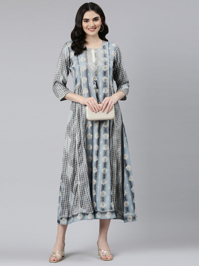 Neeru's Grey Straight Casual Printed Dress