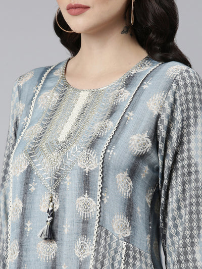 Neeru's Grey Straight Casual Printed Dress