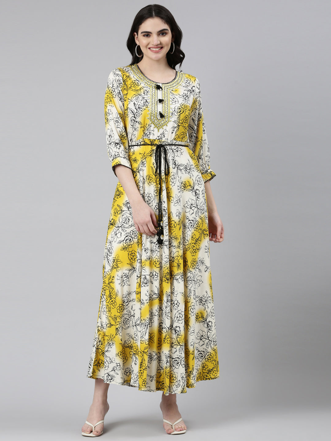 Neeru's Yellow Straight Casual Printed Dress