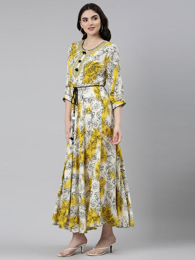 Neeru's Yellow Straight Casual Printed Dress